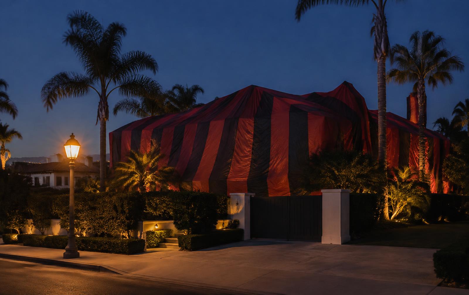 A Southern California home tented for fumigation at dusk